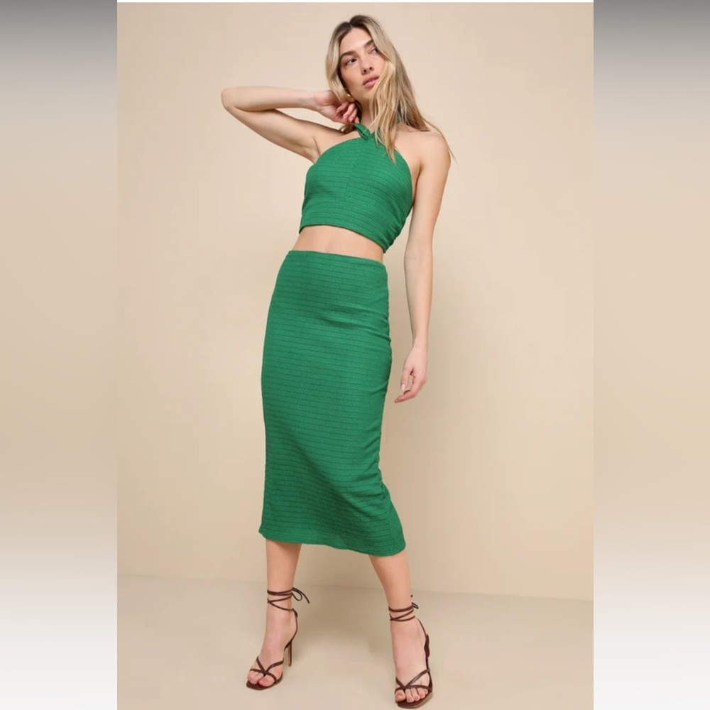 Lulu’s - Dream Getaway Green Textured Knit Two-Piece Halter Midi Dress